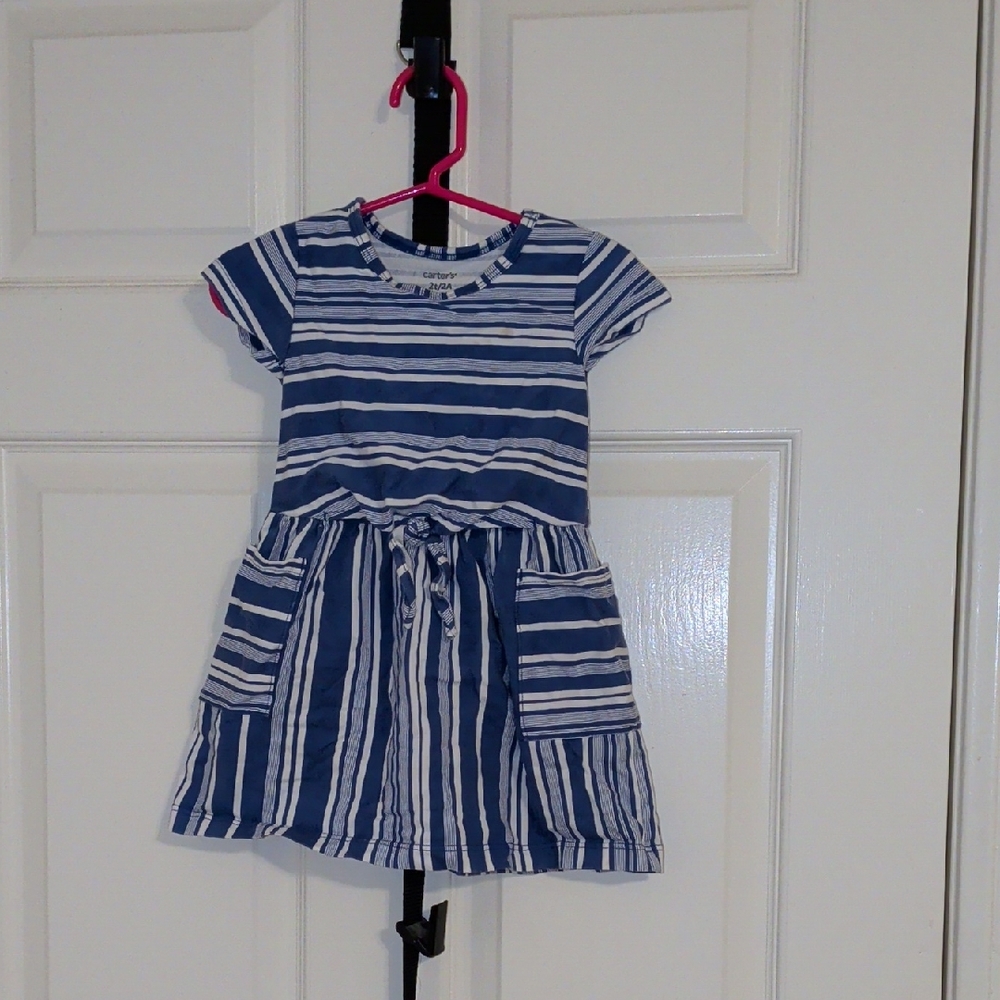 Carter's Blue and White Striped Short-Sleeve Dress with Tie
